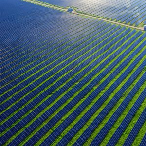 Photovoltaic power plant. Solar panels in aerial view
